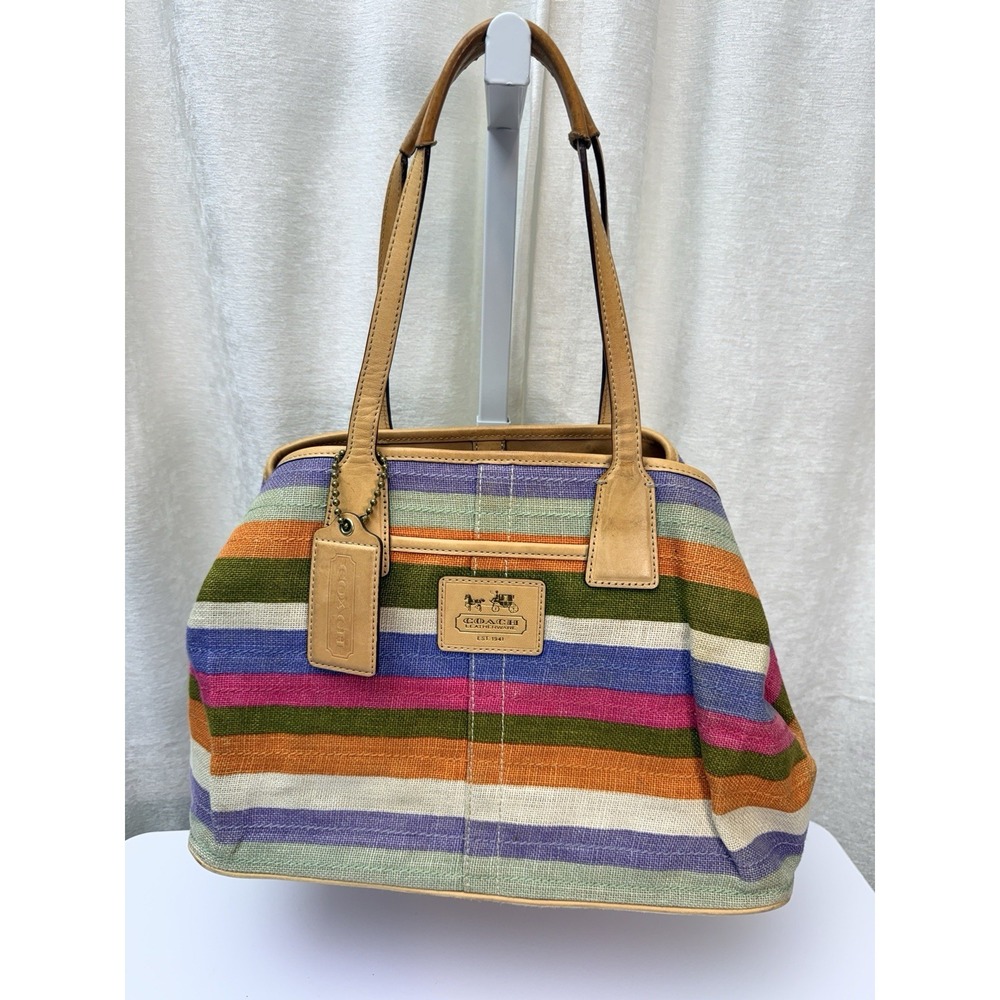 Coach Hamptons Multicolor Stripe Kisslock Tote Shoulder Bag 13487 Leather Trim